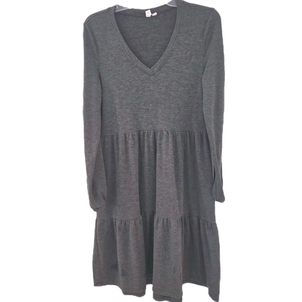 Tiered Babydoll Dress Longsleeves Cable & Gauge Gray Casual & Comfortable V-neck